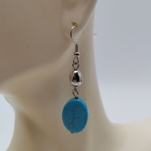 Turquoise & Silver Colored Dangle Hooks Earrings  2"